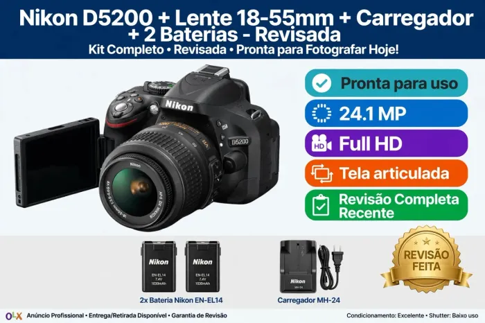 Nikon D5200 REVISADA + 18-55mm VR + Carregador + 2 Baterias - Kit Completo<br>