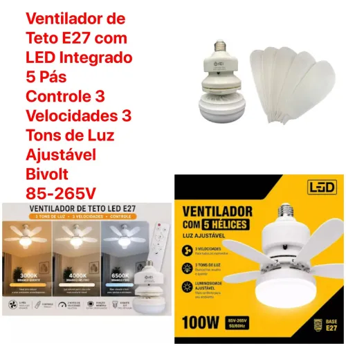 Ventilador de Teto E27 com LED Integrado 5 Pás Controle 3 Veloc.