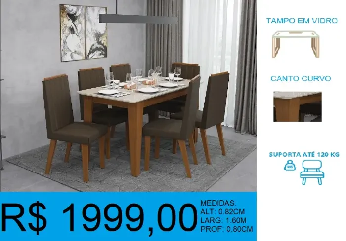 mesa c/ 6 cadeiras alt: 82cm larg: 1,60 prof: 80cm - frete grátis!