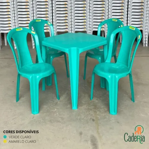 Conjunto de 1 Mesa + 4 Cadeiras sem Braço Tabatinga VERDE / AMARELA <br>Capacidade 145kg