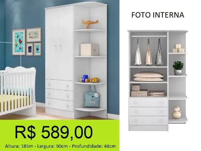 Roupeiro infantil 2 portas com nichos decorativos, muito lindo e moderno