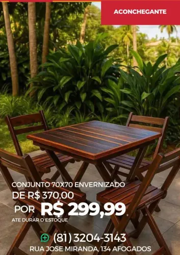 Conjunto de Mesa 70x70 Envernizada