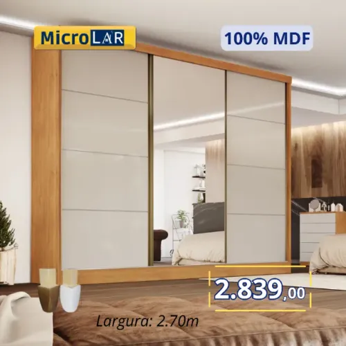 Guarda Roupa de Casal com Espelho 100% MDF 2,70m Largura - Monta na Hora da Entrega