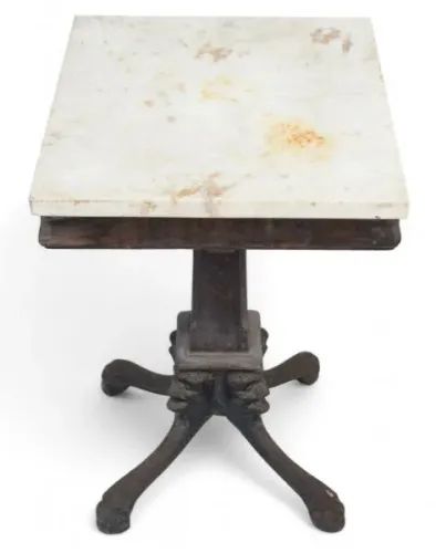 Antiga Mesa Bar anos 50 Tampo Mármore Coluna madeira base quadrada Ferro fundido *Descriçã