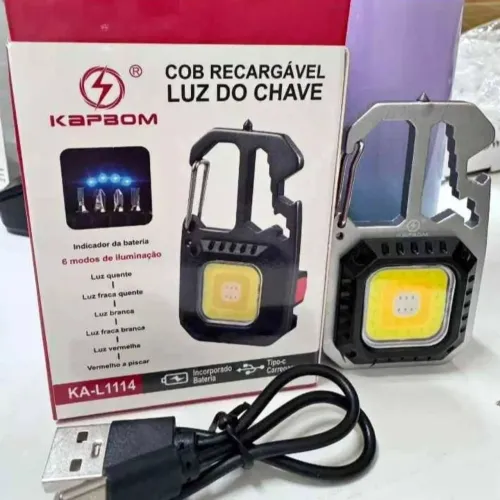 Mini Lanterna COB Recarregável Chaveiro Multiuso - 6 Modos e Abridor