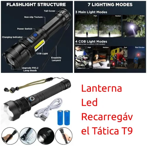 Lanterna Tática LED Recarregável T9 - 7 Modos