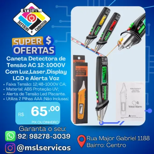 Caneta Detectora de Tensão AC 12-1000V com Luz, Laser, Display LCD e Alerta por Voz 