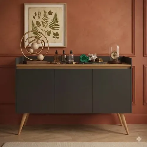 Buffet Gold Preto/Mel com 3 Portas | Pés Retrô