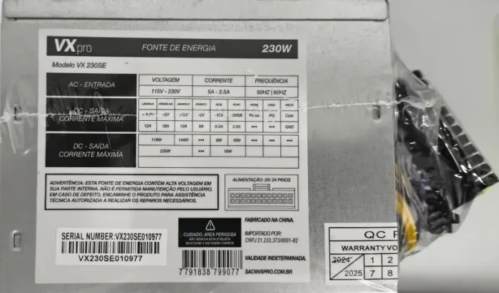 FONTE VXPRO 230W VX230SE - SEM CAIXA E SEM CABO DE FORÇA