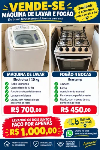 Vendo Máquina de lavar 10kg + Fogão 4 bocas em excelente estado.