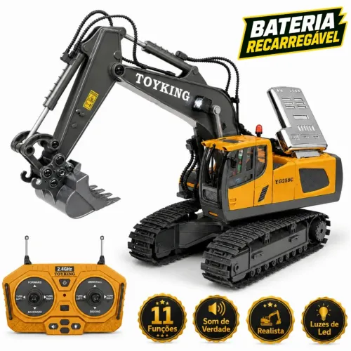 Escavadeira de Controle Remoto Trator Brinquedo de Menino Som Luz Recarregável