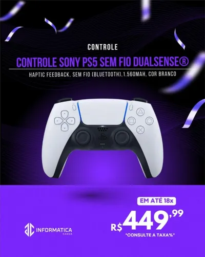 CONTROLE SONY PS5 SEM FIO DUALSENSE COR BRANCO