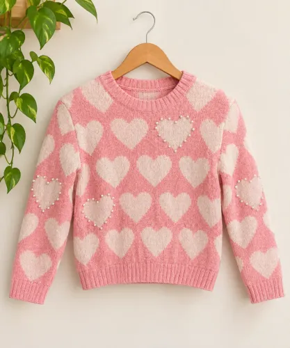 Suéter infantil feminino tamanho 8. ? Rosa com estampa de corações ? Detalhes delicados c