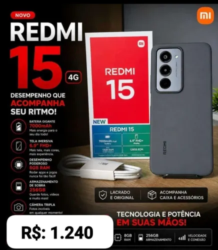 O Redmi 15 8/256 GB ram 4g, bateria 7000mah, Tela 6.9.