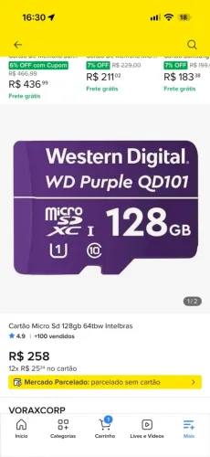 Cartão micro SD WD purple 128GB câmeras veiculares