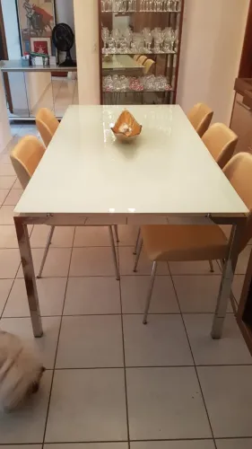 Mesa de Jantar 2m x 1m - Vidro Branco + 6 Cadeiras Bege 
