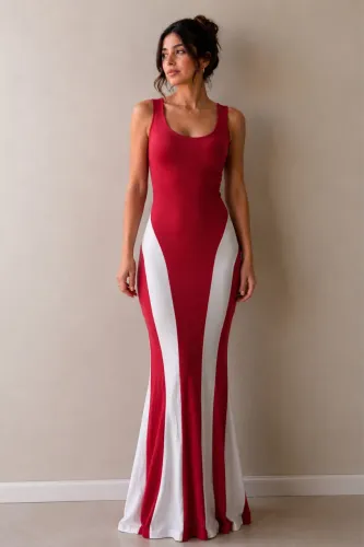 Vestido longo sereia vermelho e branco
