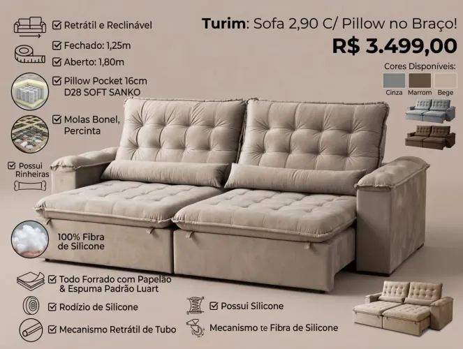 Sofá 2,90 com pillow nos braços 