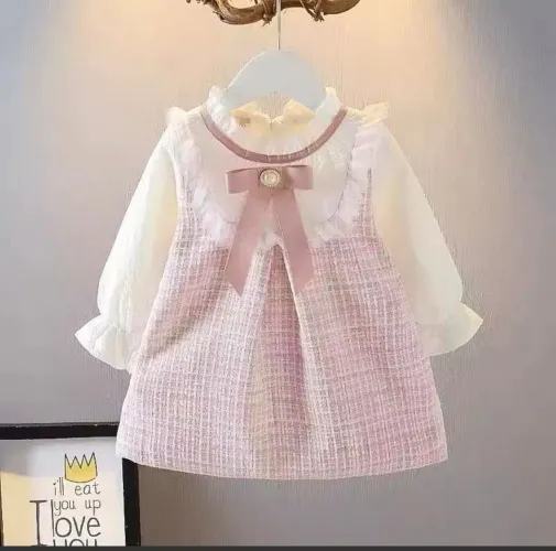 Vestido menina tweed rosa com manga longa luxo tam 9meses