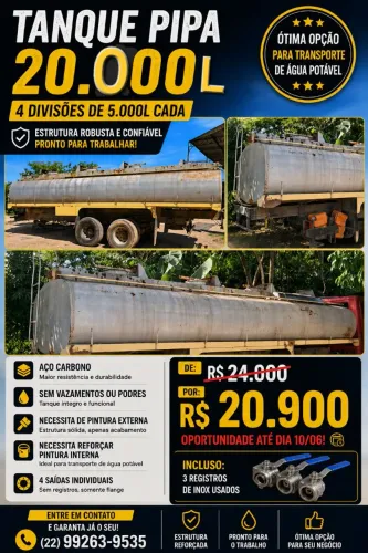 Tanque Pipa 20.000L P/Caminhão Pipa Água Potavel