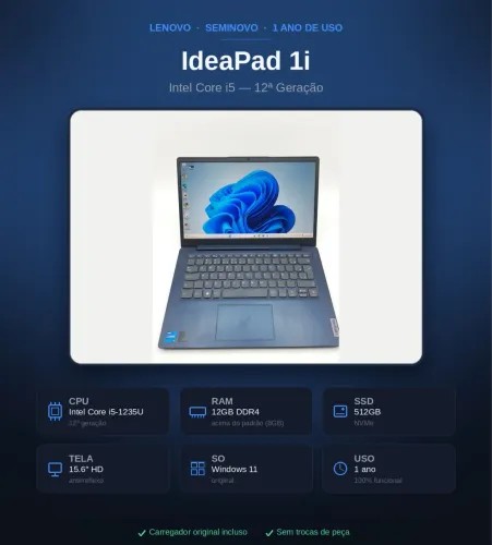 Notebook Lenovo IdeaPad 1i i5 12ª Geração 512GB SSD 12GB RAM
