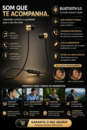 Fone de ouvido bluetooth dourado