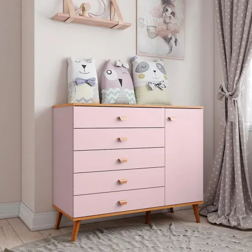 Cômoda Infantil Bartira Ternura com 5 Gavetas e 1 Porta - Rosa Wood