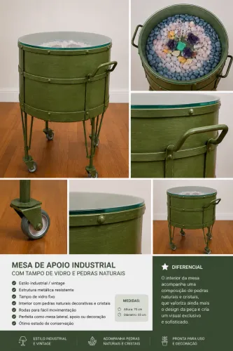 Mesa de Apoio Industrial com Vidro, Pedras e Rodízios - Exclusivo - Peça Única