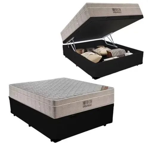 CAMA BAÚ CORINO PRETO ALTO NÍVEL + COLCHÃO AIRTECH SPRING POCKET ORTOBO