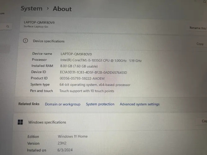 Microsoft Surface laptop go i5 8GB 256GB