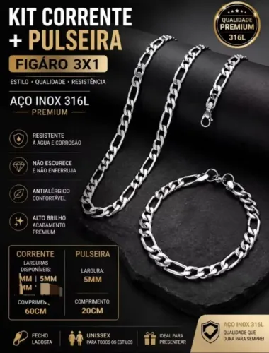 Corrente e Pulseira kit Aço 316 idêntica a prata 