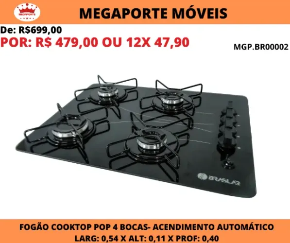 Fogão Cooktop Braslar 4 Bocas Acendimento Automático