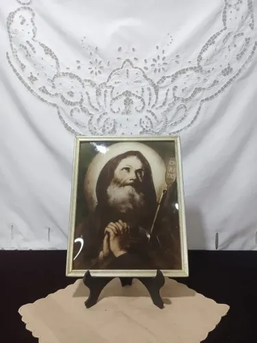 Antigo Quadro Religioso Gravura Do Santo Antão Vidro Bombe