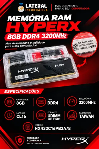 MEMÓRIA RAM HYPERX KINGSTON 8GB DDR4 INTEL XMP COMPUTADOR