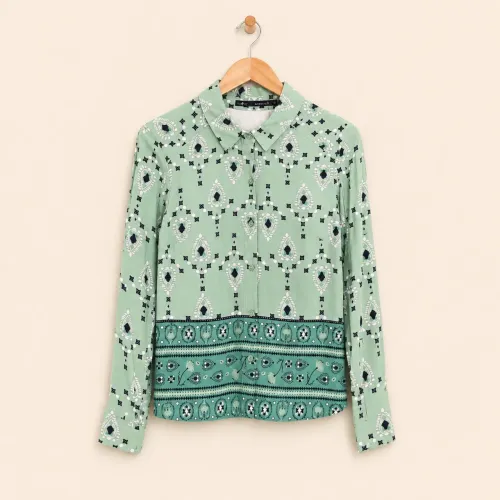 Camisa Maria Filó Estampada Boho Verde Menta 100% Viscose Tam. P (Veste 36/38)