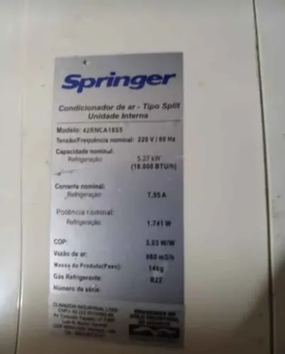 Evaporadora Springer Convencional 18000BTU 220V 127V