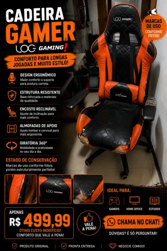 Cadeira Gamer LOG Gaming original, modelo preto e laranja.