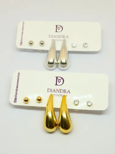 Trio de brincos folheados a ouro ou prata: gota + ponto de luz + bolinha
