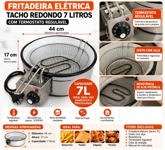 Fritadeira Elétrica Industrial Redonda 7L 220V - Tacho Esmaltado