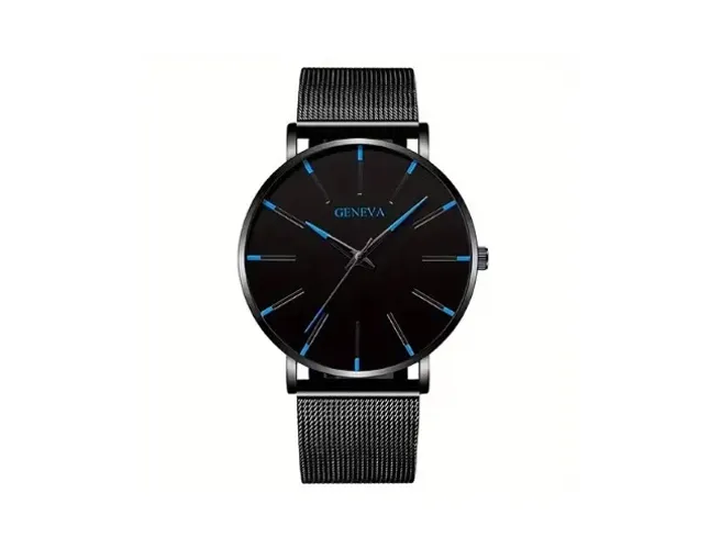 Relógio de Quartzo Clássico Unisex, Com Pulseira Malha Aço Inoxidável Preto