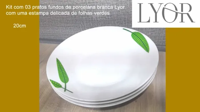 Kit com 03 pratos fundos de porcelana branca Lyor