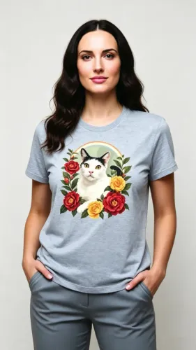Camiseta Feminina Gato Entre Flores