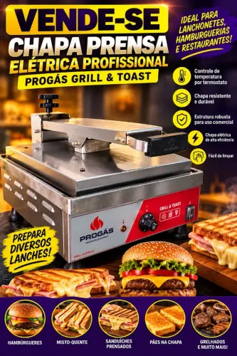 Chapa Prensa Elétrica Progás Grill & Toast Profissional