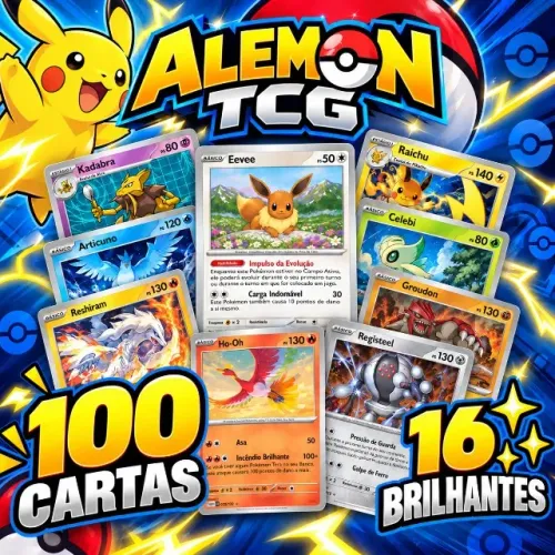 Lote 100 Cartas Pokemon com 16 Brilhantes - Sem Cartas Repetidas - Bloco Megaevolução