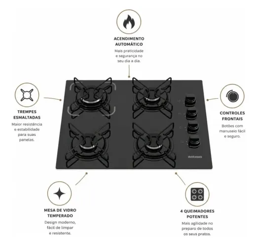 Fogão cooktop 4 bocas itatiaia preto