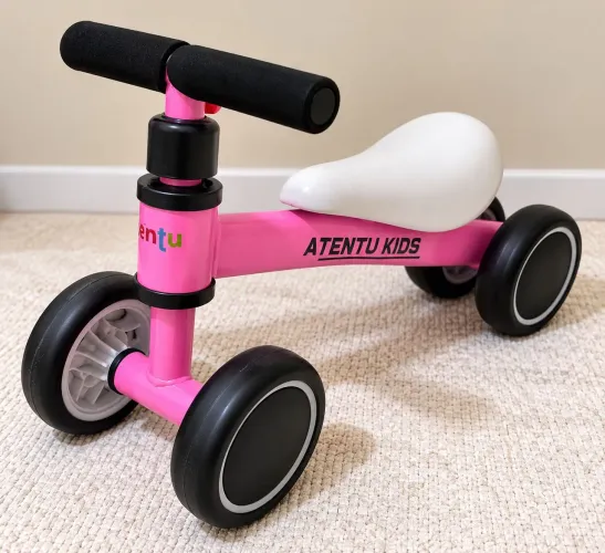 Bicicleta de Equilíbrio Infantil Atentu Kids Rosa - 4 Rodas, Sem Pedal.
