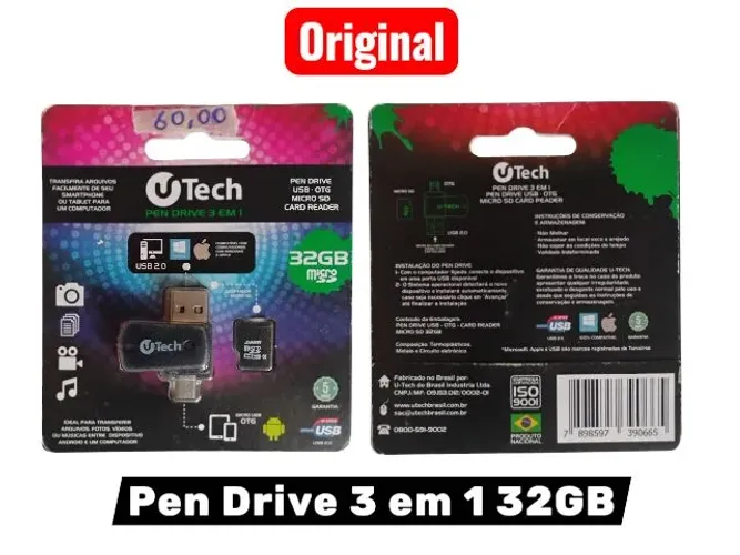 Pen Drive 3 em 1 U-Tech 32GB - USB + OTG + Leitor de Cartão (Novo)