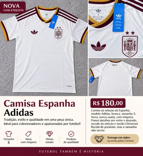 Camiseta Espanha Adidas Branca - Tam. S - Nova com Etiqueta