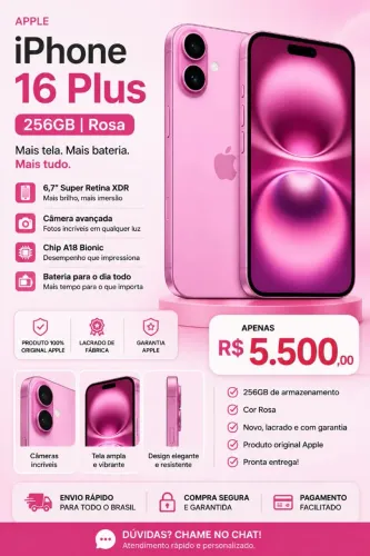 iPhone 16 Plus 256GB Rosa Lacrado | Original Apple | Entrega Imediata