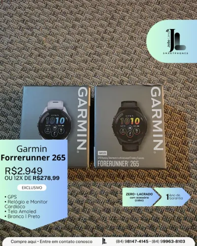 RELÓGIO GARMIN FORERUNNER 265, PRETO OU BRANCO, LACRADO, EXCLUSIVO!